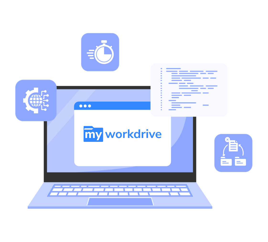 MyWorkDrive interface on laptop showing automation, speed, coding, and file management icons